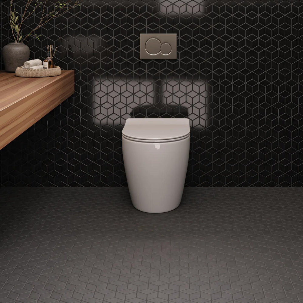 A matte black diamond mosaic design, offering geometric elegance with Le Café Black Diamond Matte Glazed Porcelain Mosaic.