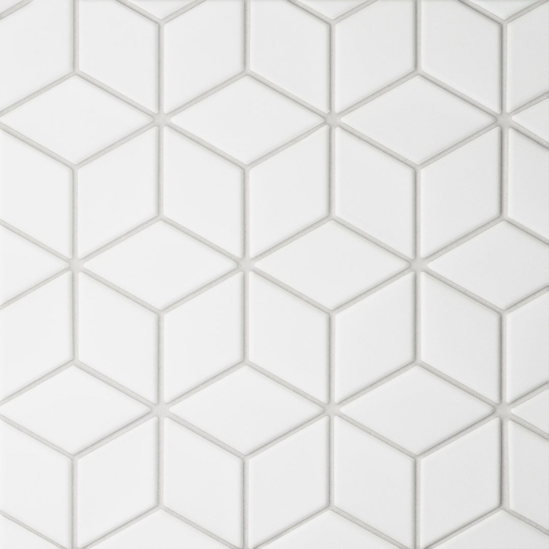 An overhead capture of the Le Café White Diamond Matte Porcelain Mosaic showcases a refined diamond pattern in a crisp matte white, blending timeless elegance with modern symmetry.
