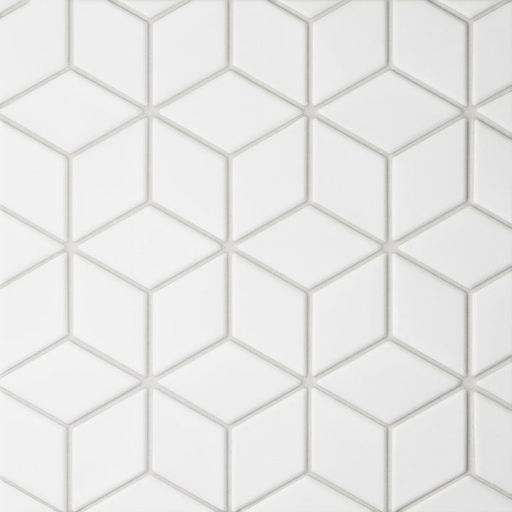 An overhead capture of the Le Café White Diamond Matte Porcelain Mosaic showcases a refined diamond pattern in a crisp matte white, blending timeless elegance with modern symmetry.