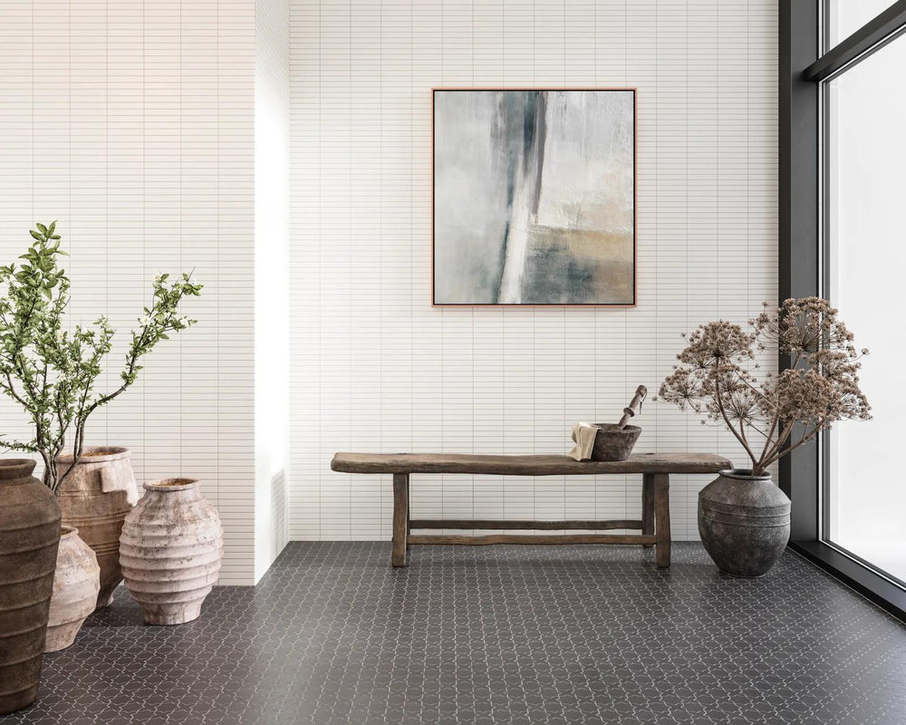 A striking black cross and star pattern in a matte glazed porcelain finish, offering a vintage yet contemporary appeal with Le Café Black Cross & Star Matte Glazed Porcelain Mosaic.