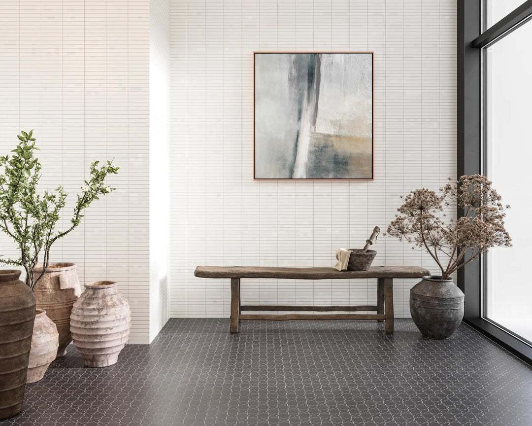 A striking black cross and star pattern in a matte glazed porcelain finish, offering a vintage yet contemporary appeal with Le Café Black Cross & Star Matte Glazed Porcelain Mosaic.