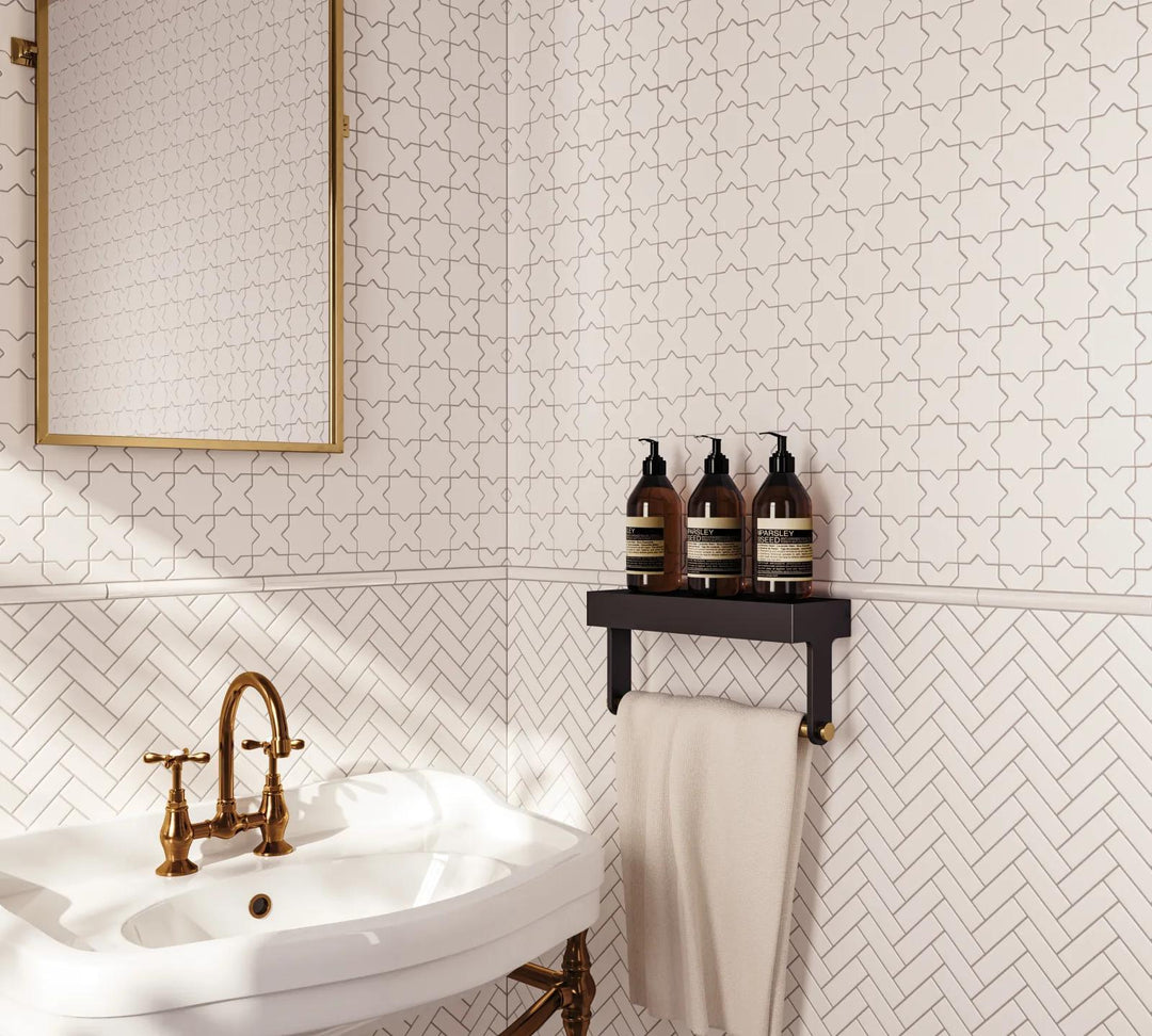 A striking black cross and star pattern in a matte glazed porcelain finish, offering a vintage yet contemporary appeal with Le Café Black Cross & Star Matte Glazed Porcelain Mosaic.