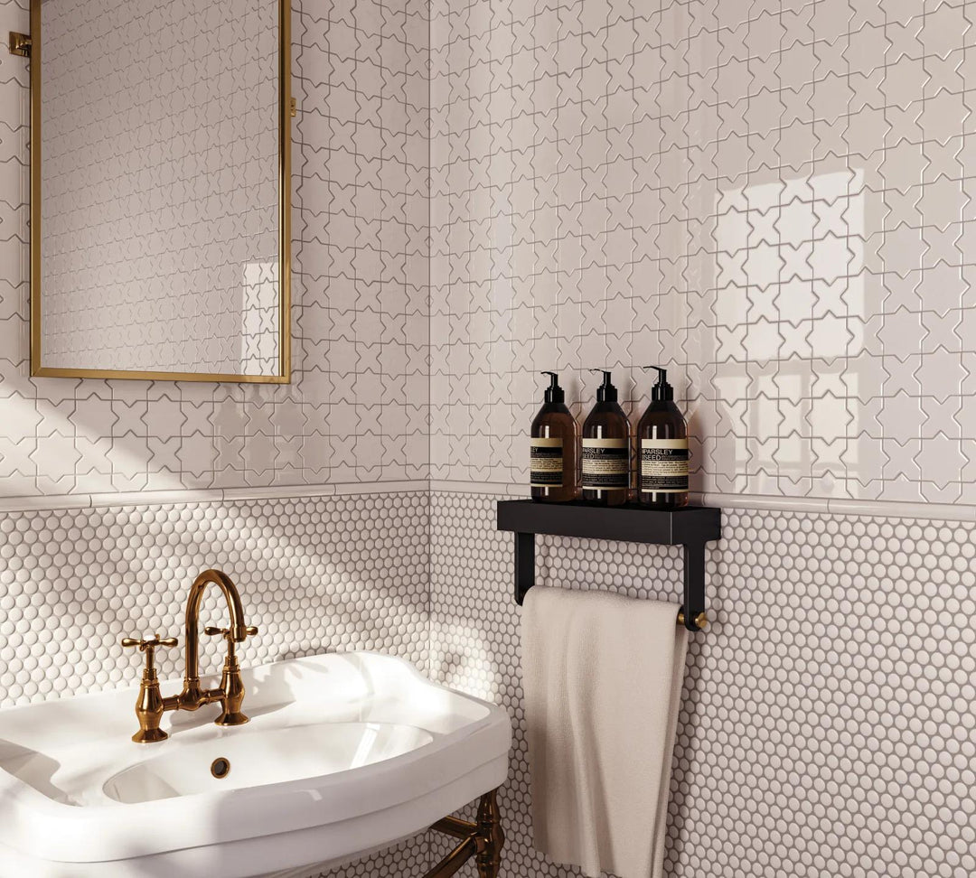 A radiant white cross and star mosaic with a glossy glazed surface, delivering a clean and elegant touch with Le Café White Cross & Star Gloss Glazed Porcelain Mosaic.