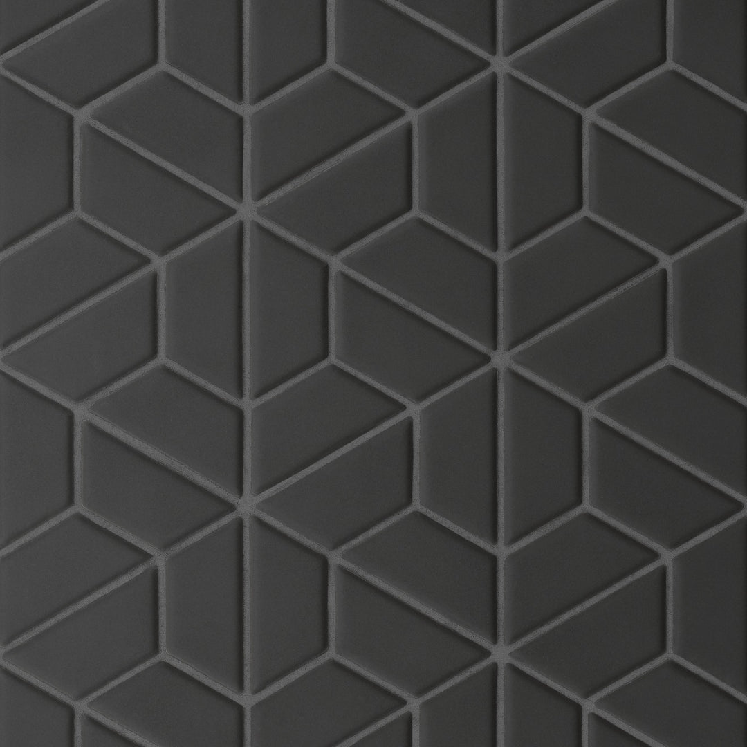 A bird’s-eye view of the Le Café Black Half Hexagon Matte Porcelain Mosaic reveals a contemporary take on hexagonal geometry, offering a sleek matte black finish that creates a bold, structured aesthetic.