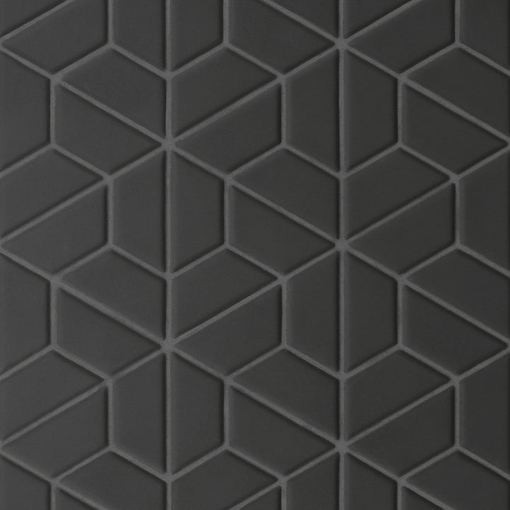 A bird’s-eye view of the Le Café Black Half Hexagon Matte Porcelain Mosaic reveals a contemporary take on hexagonal geometry, offering a sleek matte black finish that creates a bold, structured aesthetic.