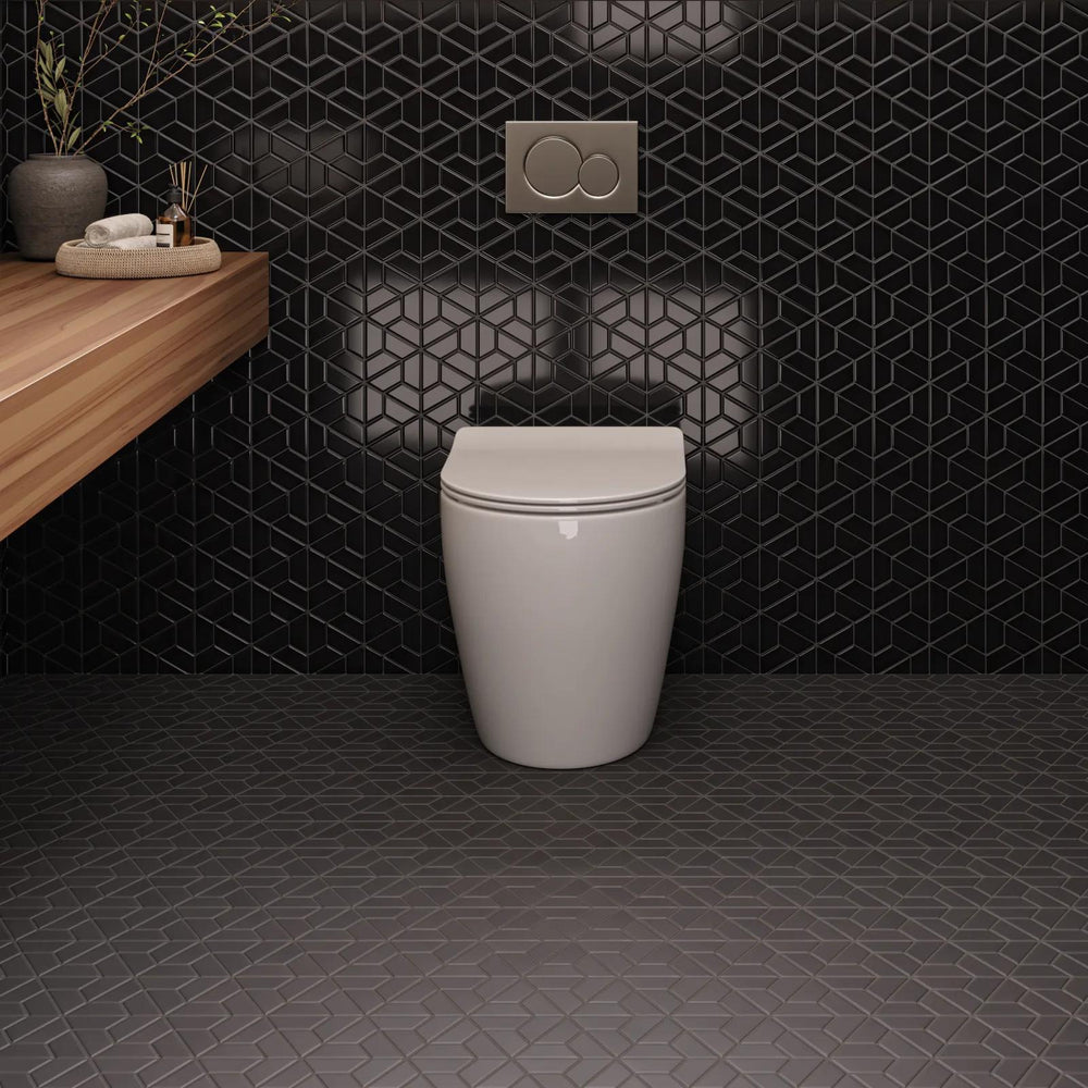 A sleek black half hexagon mosaic with a matte glazed finish, perfect for dynamic and modern layouts with Le Café Black Half Hexagon Matte Glazed Porcelain Mosaic.