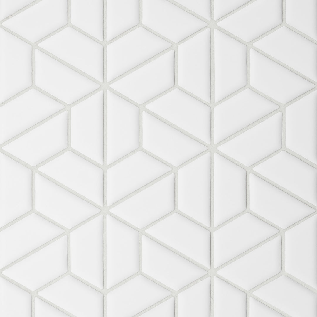 An overhead perspective of the Le Café White Half Hexagon Matte Porcelain Mosaic captures its dynamic half-hexagonal pattern in a soft white matte, providing a subtle yet visually captivating layout.