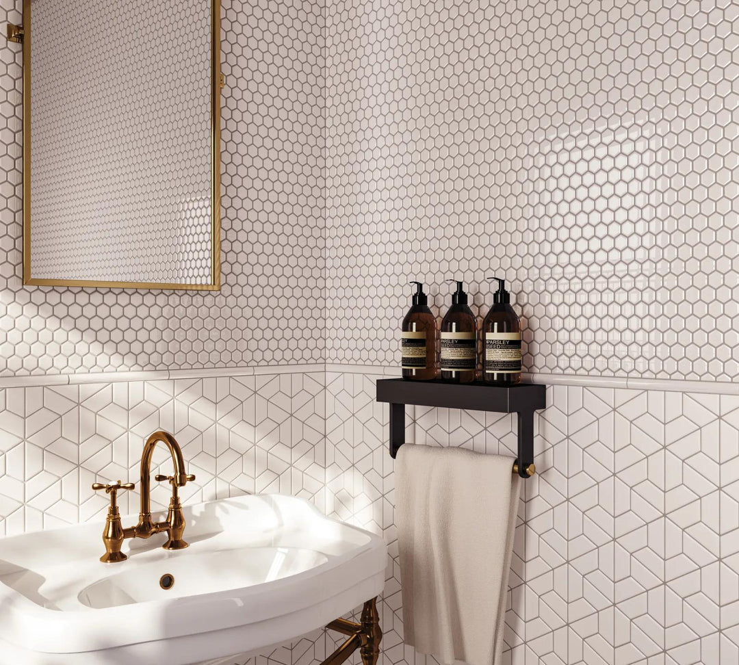 A minimalist white half hexagon mosaic with a matte glaze, ideal for geometric appeal in Le Café White Half Hexagon Matte Glazed Porcelain Mosaic.
