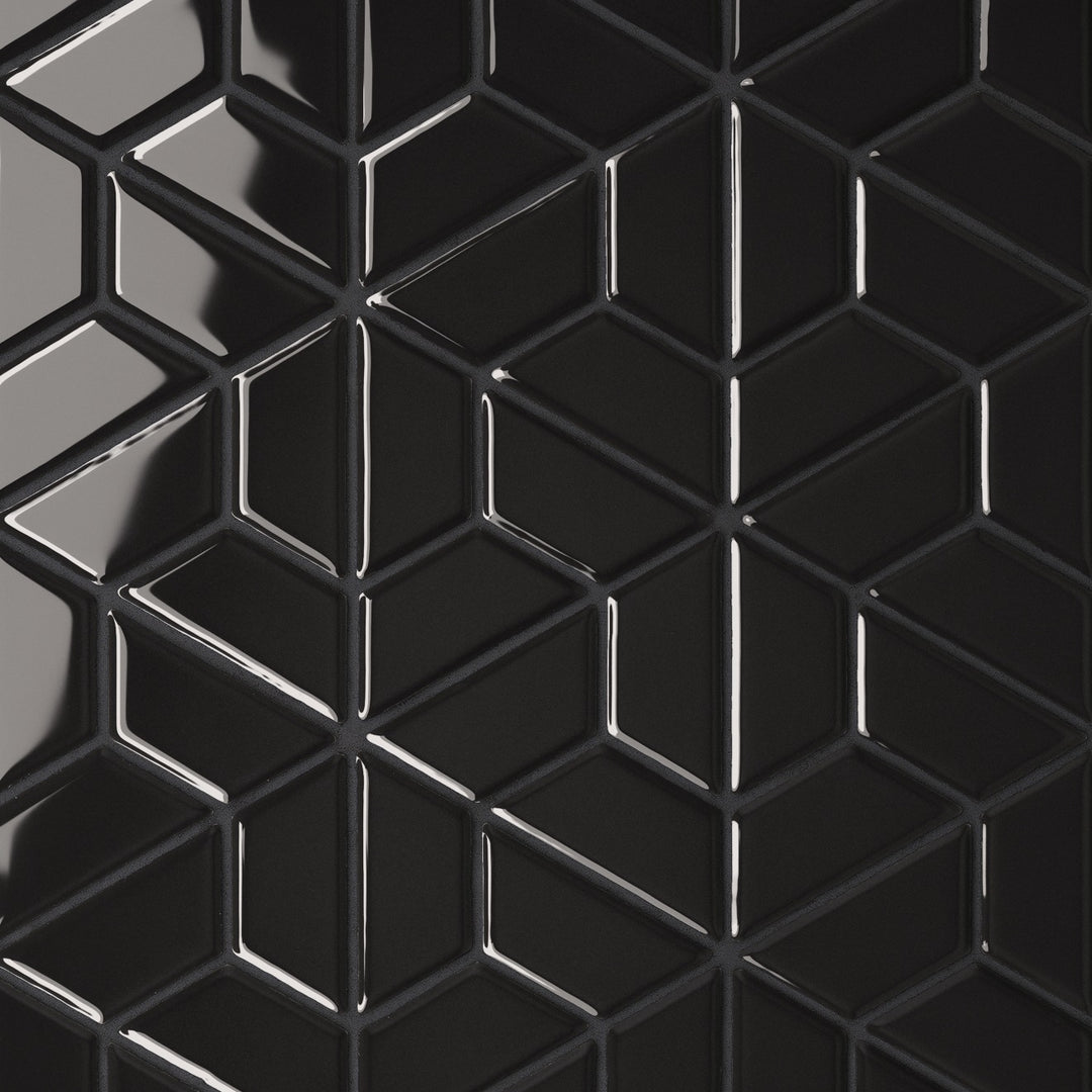 This top-down shot of the Le Café Black Half Hexagon Gloss Porcelain Mosaic presents a contemporary, edgy design with a deep black glossy finish, enhancing the structured half-hexagonal arrangement.