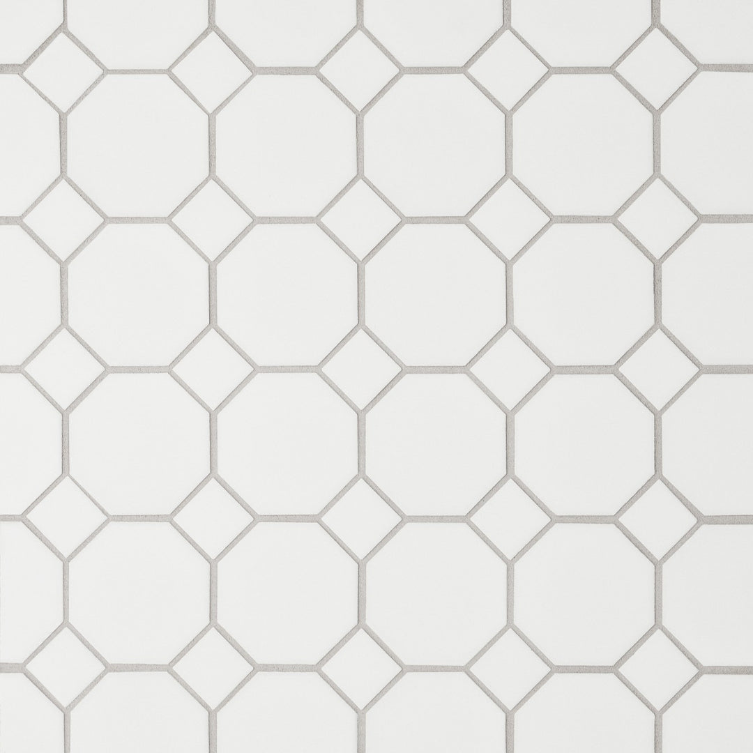 A top-down perspective of the Le Café White Octagon Matte Porcelain Mosaic highlights a classic octagonal shape in a soft matte white, creating a seamless, timeless aesthetic.