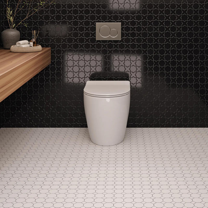 A classic white octagon mosaic with a matte glazed surface, offering a timeless pattern with Le Café White Octagon Matte Glazed Porcelain Mosaic.