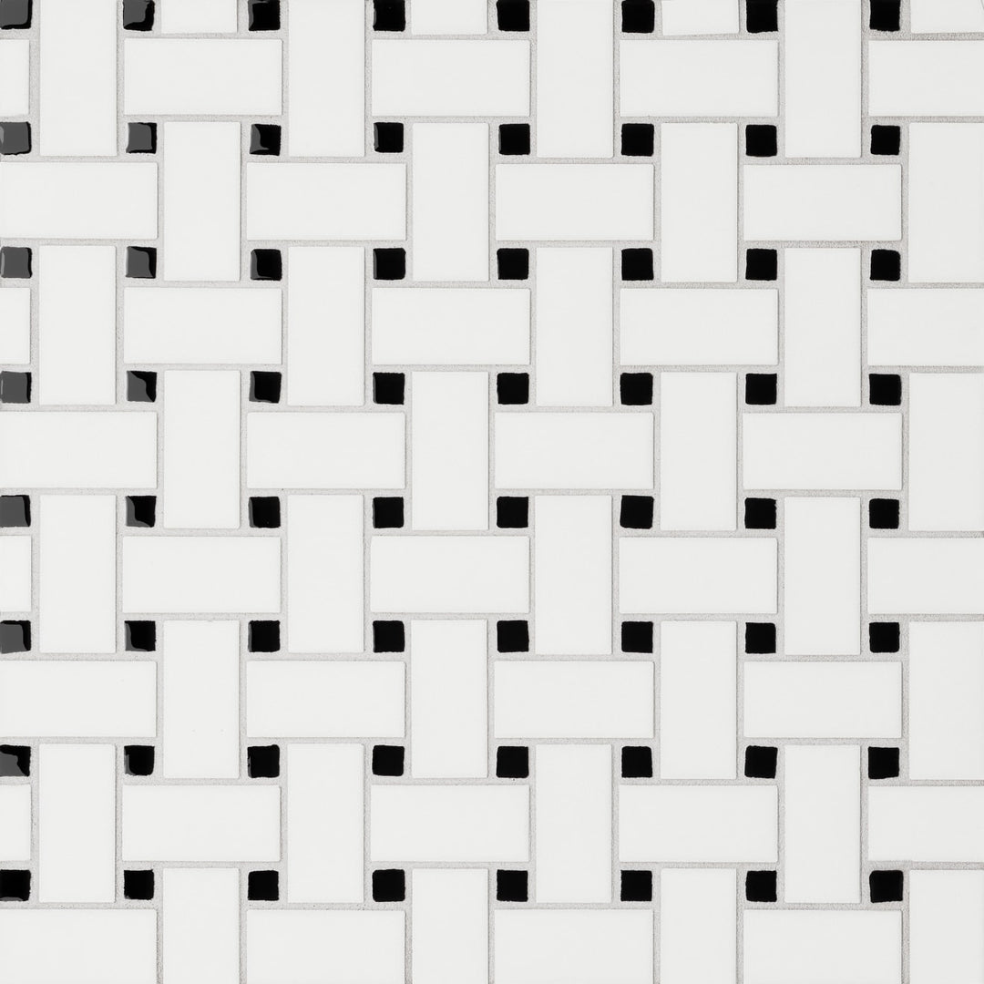 An aerial look at the Le Café White/Black Basketweave mosaic reveals a seamless interplay of glossy and matte finishes, forming a classic yet dynamic woven pattern.
