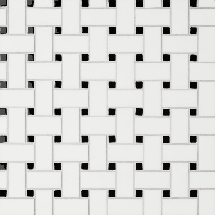 An aerial look at the Le Café White/Black Basketweave mosaic reveals a seamless interplay of glossy and matte finishes, forming a classic yet dynamic woven pattern.