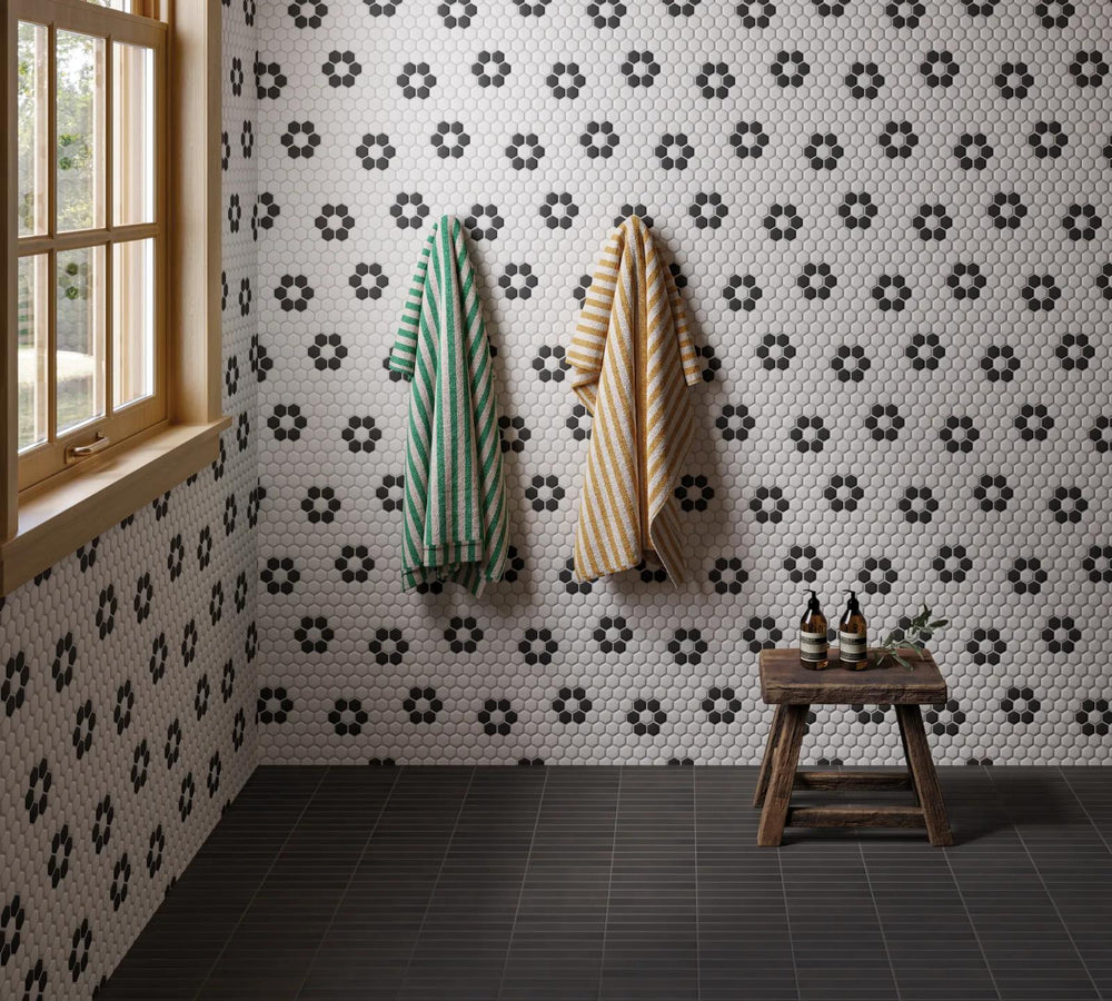 A uniquely patterned 1-inch hexagon matte mosaic, offering a contemporary twist with Le Café Deco 1