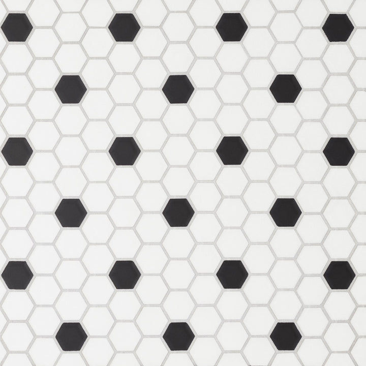 An overhead perspective of the Le Café Deco 1" Hexagon Design 3 matte mosaic showcases its unique tessellations, adding a refined yet artistic texture to any surface.