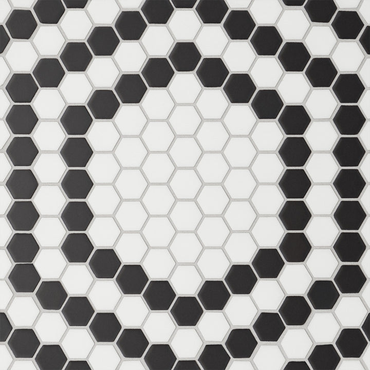 Captured from above, the Le Café Deco 1" Hexagon Design 4 matte mosaic highlights its seamless hexagonal connections, delivering a striking yet balanced visual flow.
