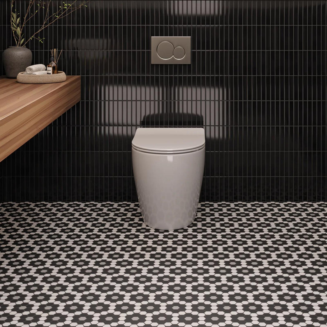 A beautifully detailed hexagon matte glazed mosaic, perfect for distinctive layouts with Le Café Deco 1" Hexagon Design 6 Matte Glazed Porcelain Mosaic.
