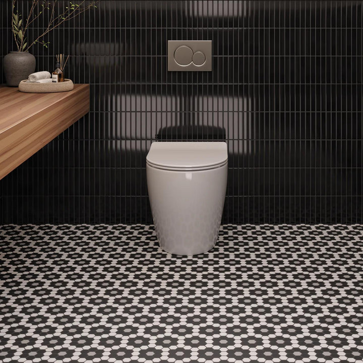 A beautifully detailed hexagon matte glazed mosaic, perfect for distinctive layouts with Le Café Deco 1" Hexagon Design 6 Matte Glazed Porcelain Mosaic.