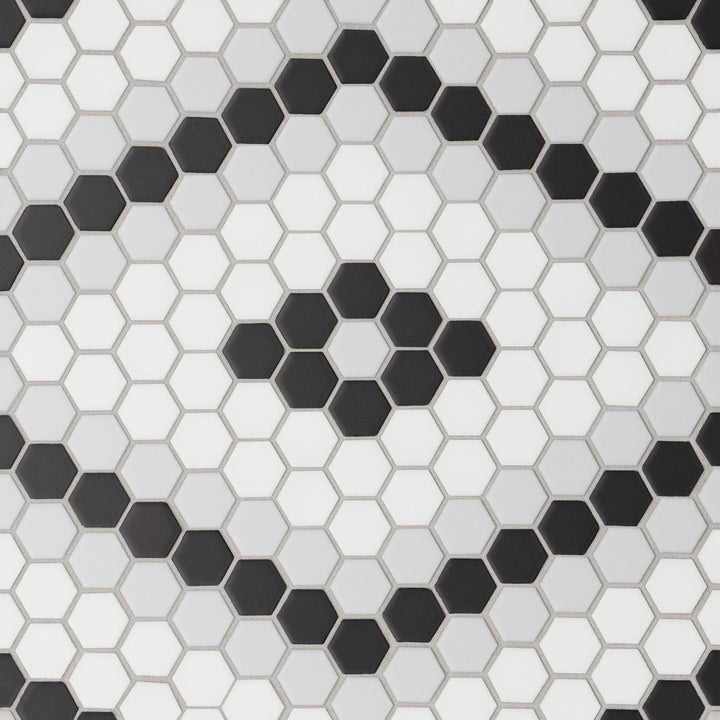 An aerial perspective of the Le Café Deco 1" Hexagon Design 7 matte mosaic highlights its contemporary hexagonal symmetry, lending a bold yet structured aesthetic.