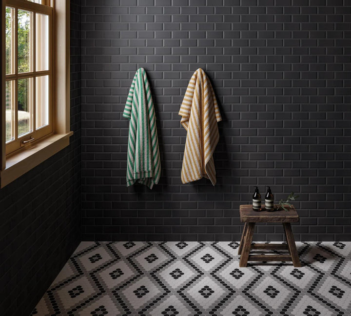 A contemporary hexagon matte mosaic with a decorative pattern, bringing modern elegance with Le Café Deco 1" Hexagon Design 7 Matte Glazed Porcelain Mosaic.
