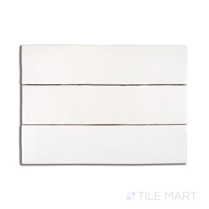 A crisp close-up shot of Makoto Shoji White 2.5X10 Matte Ceramic tile highlights its soft white tone and smooth, matte surface, perfect for serene, minimalist spaces.