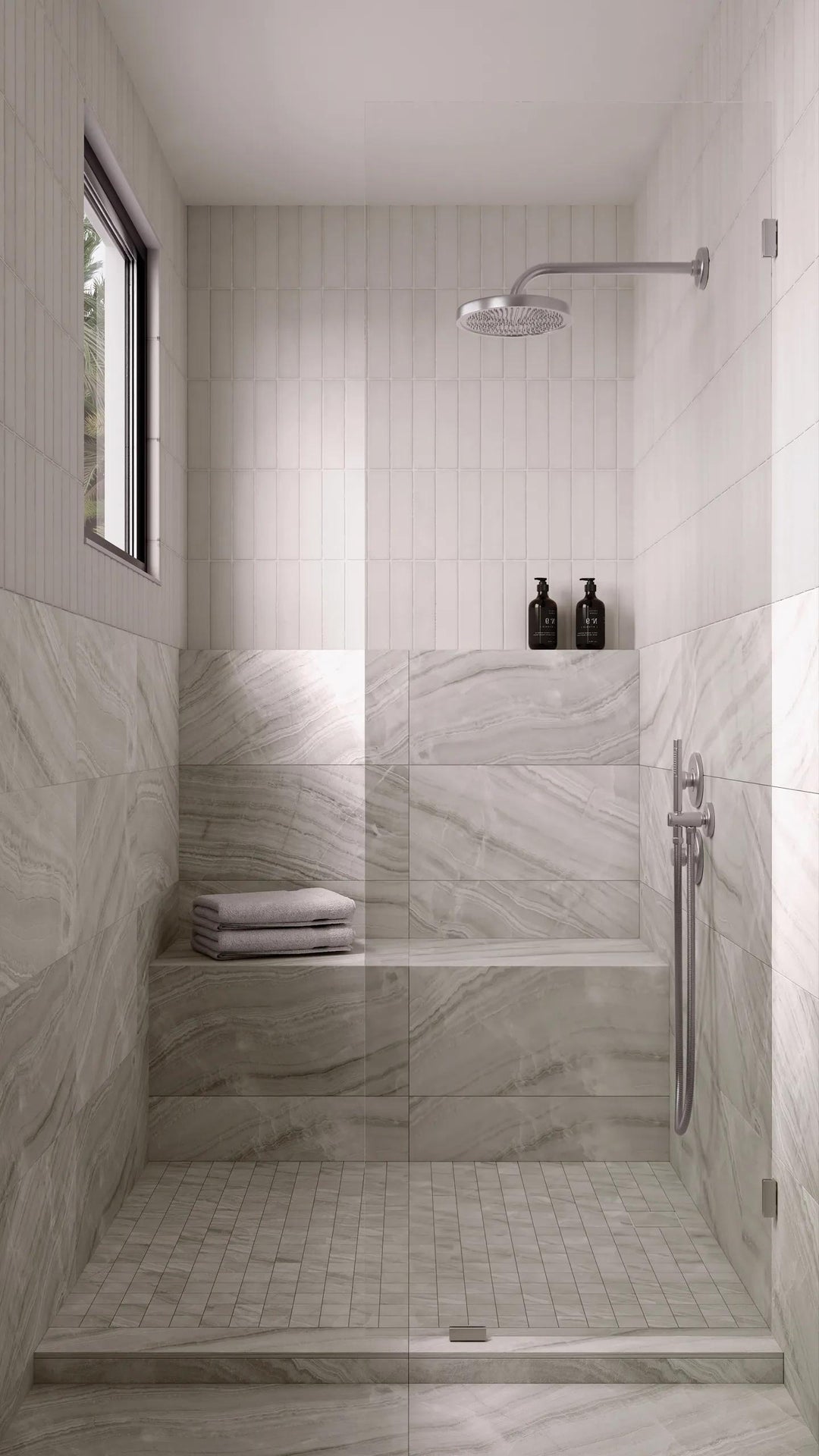 A lifestyle setting enriched by soft white ceramic tiles in a 2.5x10 matte finish, creating a serene and timeless look with Makoto Shoji White Matte Ceramic.
