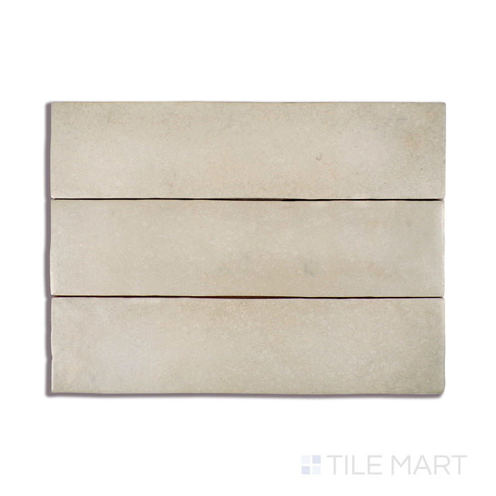 A close-up perspective of Makoto Tatami Beige 2.5X10 Matte Ceramic tile reveals its warm, earthy beige tone and velvety matte texture, bringing organic charm to any design.