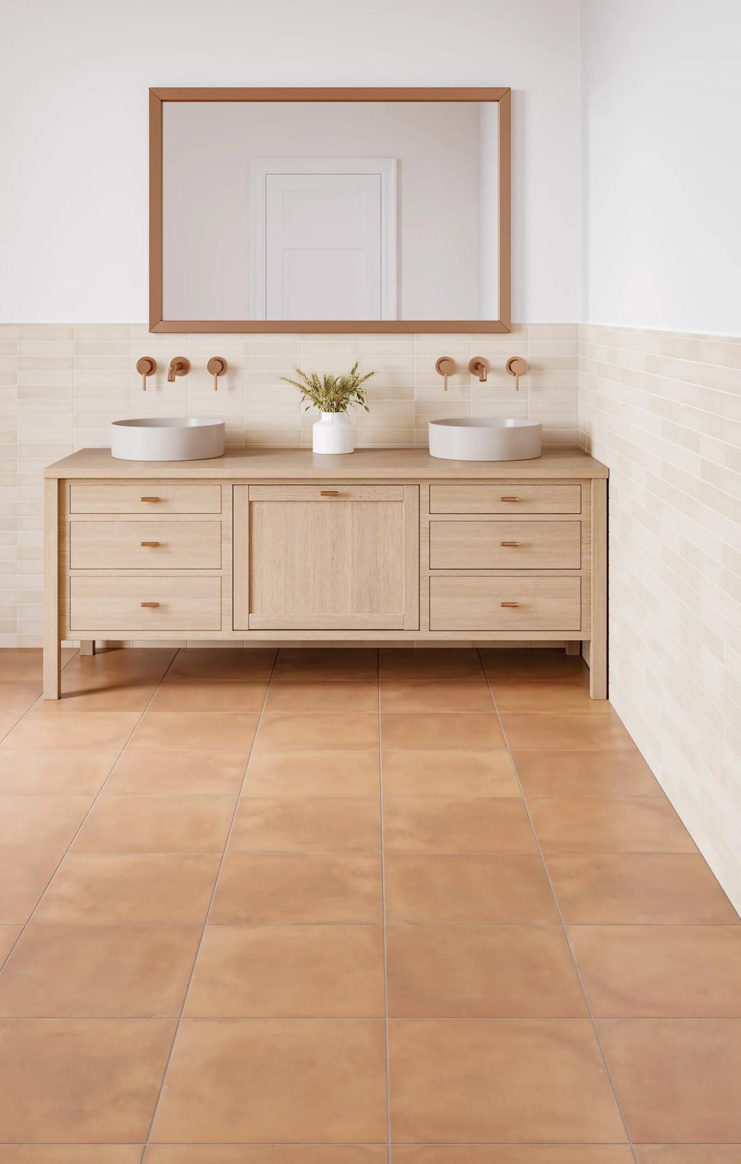 A warm beige matte ceramic tile, Makoto Tatami Beige 2.5x10 enhances spaces with a natural and inviting look.