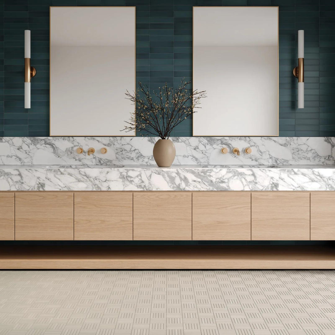 Stylish space featuring Makoto Arashi Blue 2.5x10 matte ceramic tiles, adding a bold and elegant touch.
