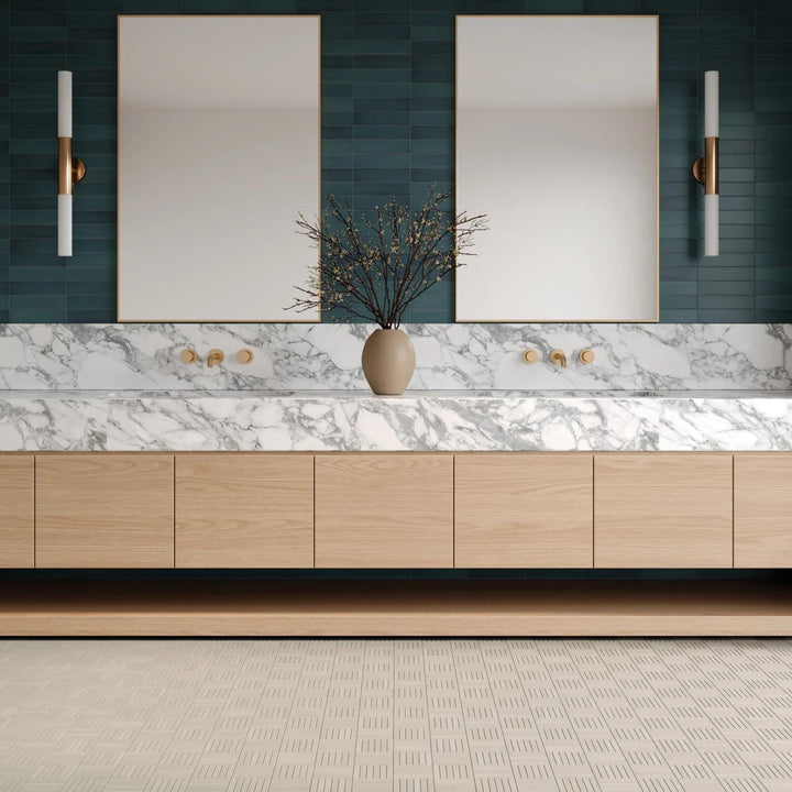 Stylish space featuring Makoto Arashi Blue 2.5x10 matte ceramic tiles, adding a bold and elegant touch.