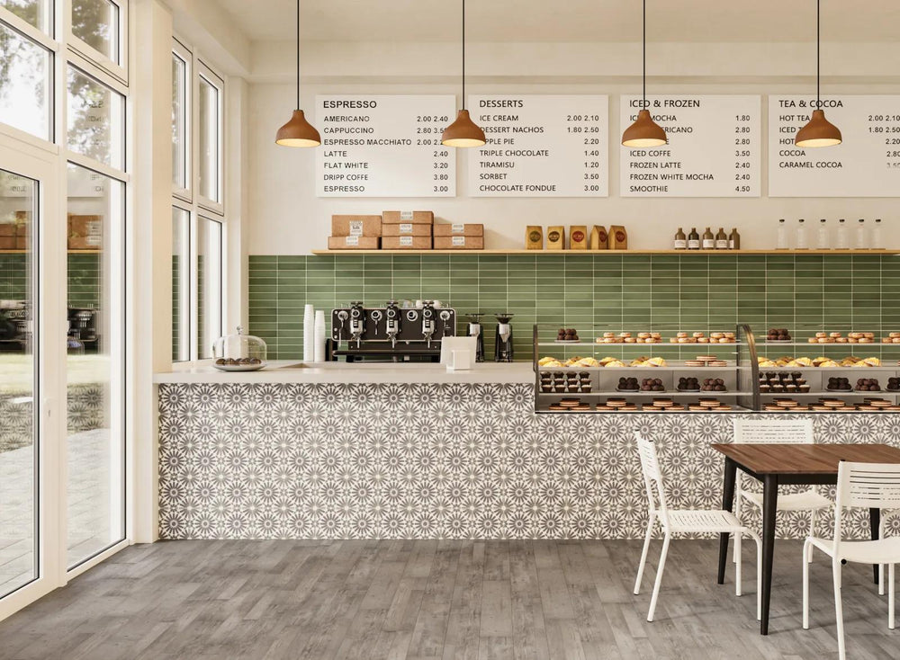 A lifestyle aesthetic featuring rich green ceramic tiles in a 2.5x10 matte finish, infusing nature-inspired vibrancy with Makoto Midori Green Matte Ceramic.