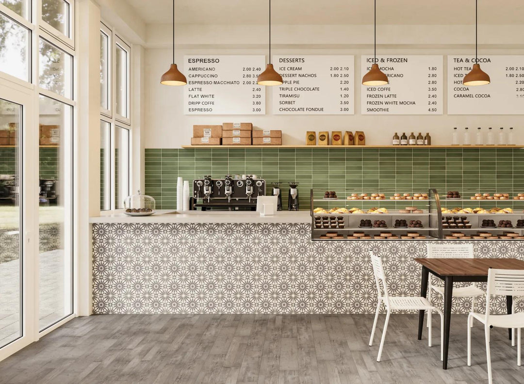 A lifestyle aesthetic featuring rich green ceramic tiles in a 2.5x10 matte finish, infusing nature-inspired vibrancy with Makoto Midori Green Matte Ceramic.