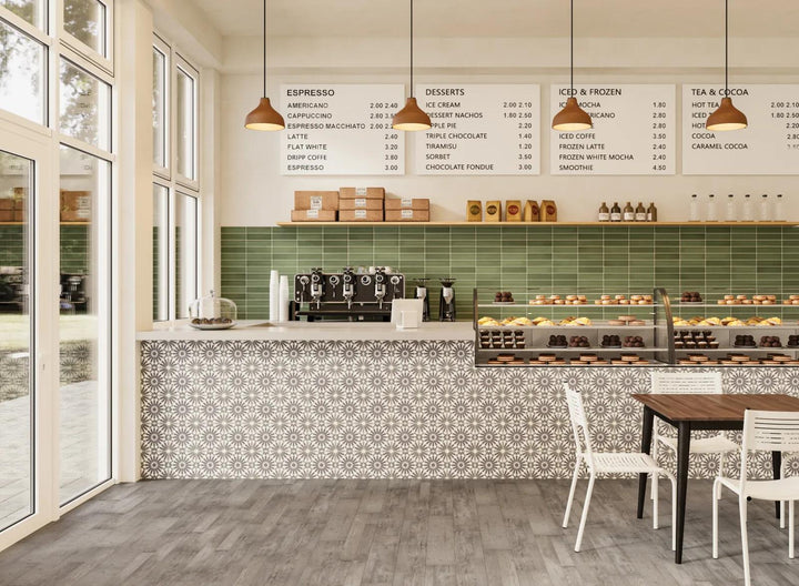 A lifestyle aesthetic featuring rich green ceramic tiles in a 2.5x10 matte finish, infusing nature-inspired vibrancy with Makoto Midori Green Matte Ceramic.