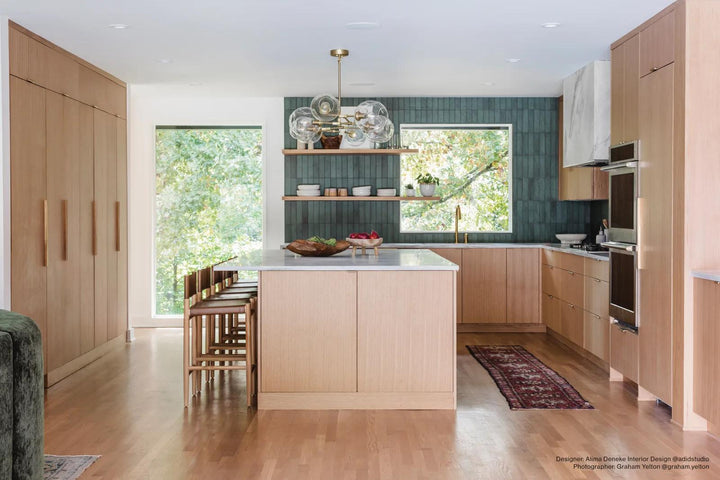 A lush green matte ceramic tile, Makoto Midori Green 2.5x10 infuses a fresh and natural look.