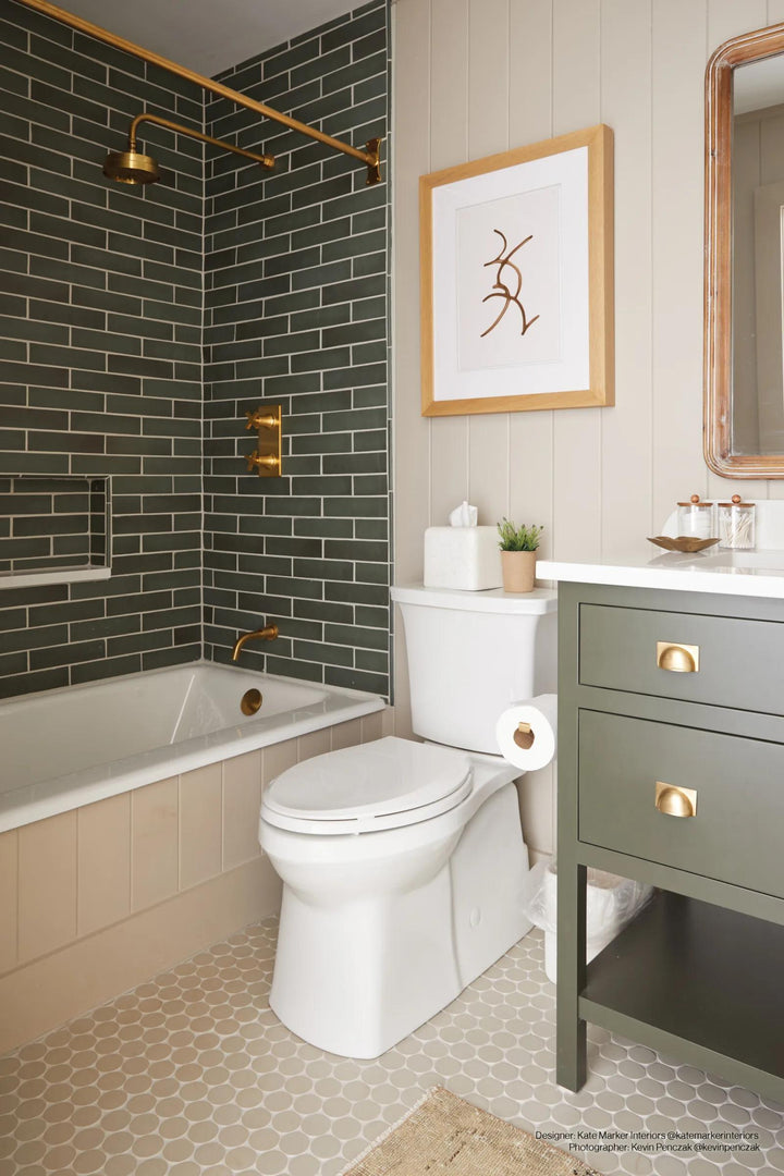 Lush green hues infuse vibrancy into the space, perfectly complementing Makoto Midori Green 2.5X10 Matte Ceramic.