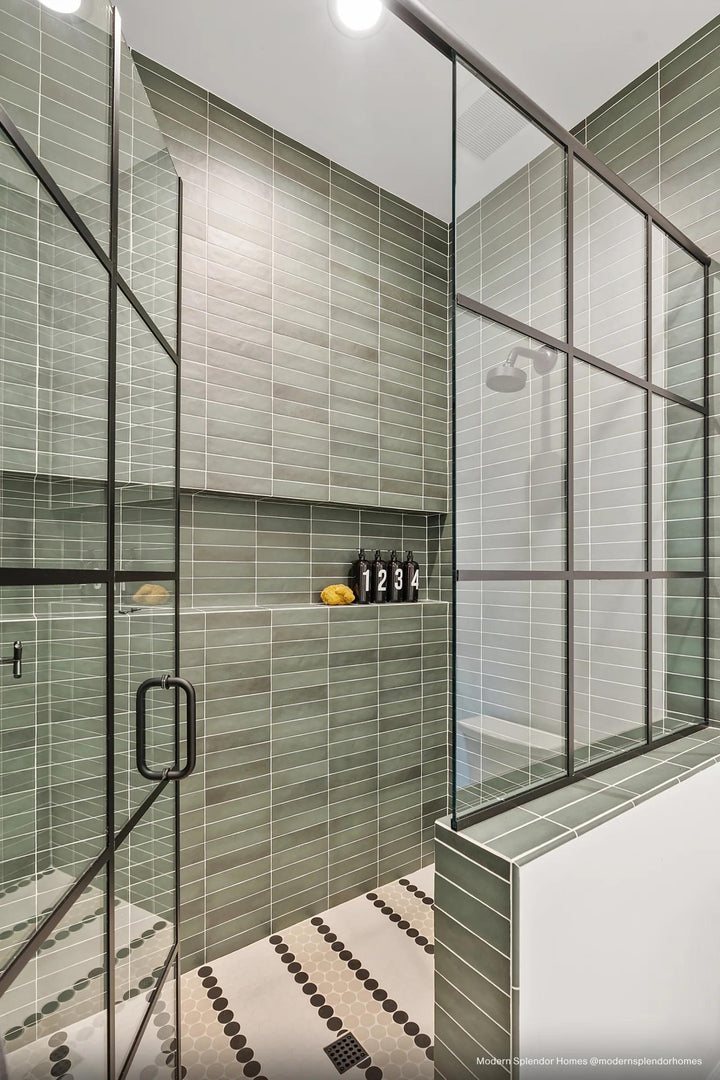 Modern interior with Makoto Midori Green 2.5x10 matte ceramic tiles, creating a fresh and serene ambiance.