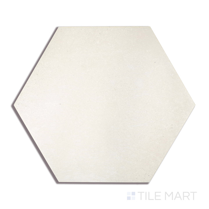 An up-close perspective of Makoto Shoji White 10" Hex Matte Porcelain tile showcases its crisp white shade and geometric hexagon shape, bringing a modern, clean aesthetic.