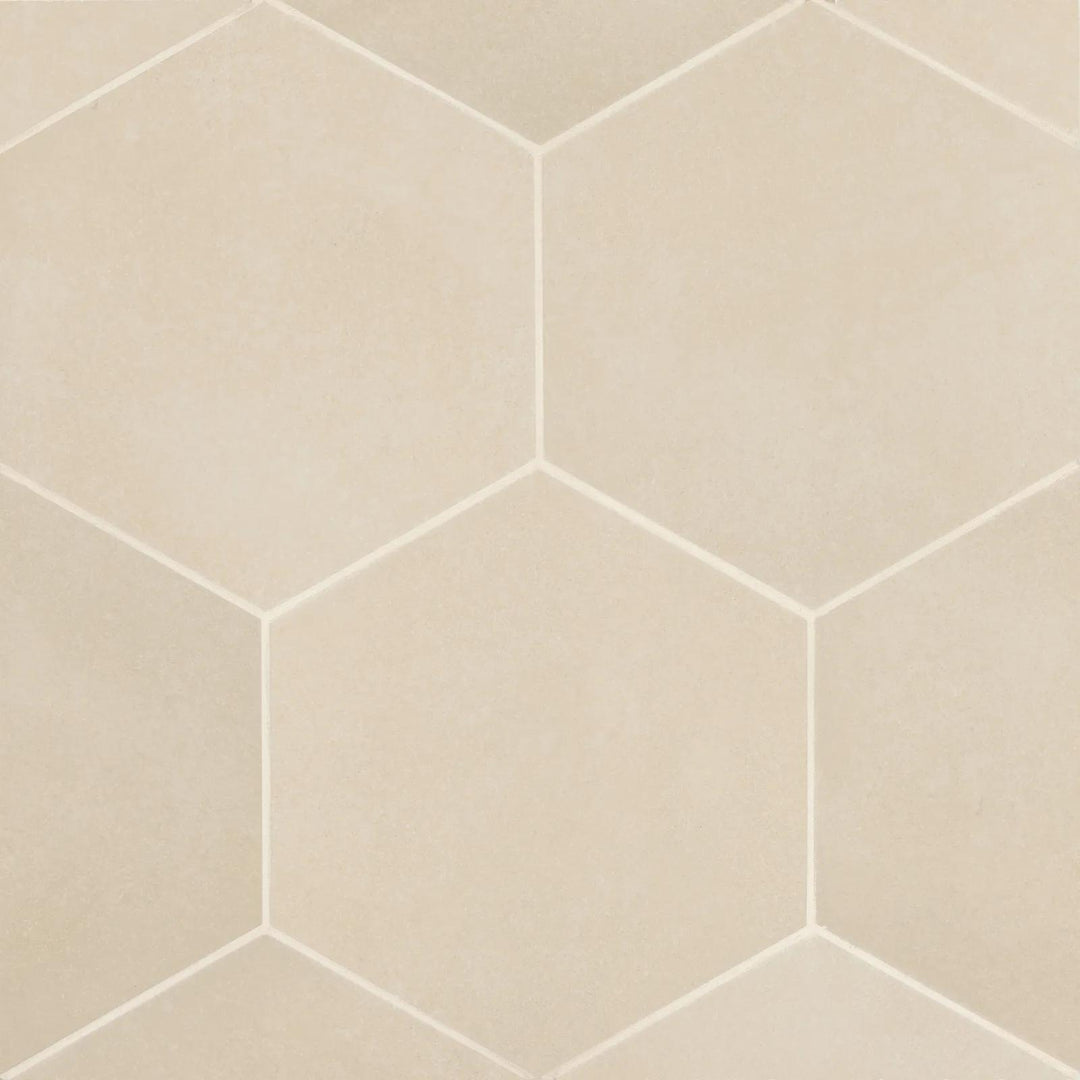 Captured from above, the Makoto Tatami Beige 10" hex matte porcelain tile echoes natural fibers, offering a warm neutral tone that blends tradition with contemporary style.