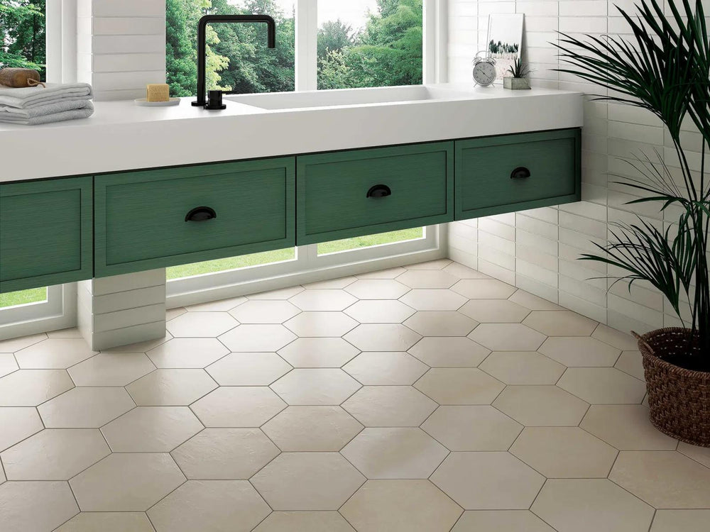 A lifestyle environment complemented by beige hexagonal porcelain tiles in a 10