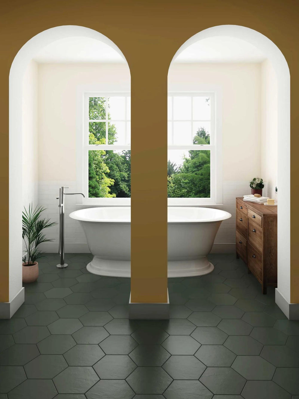 A lifestyle look featuring deep green hexagonal porcelain tiles in a 10