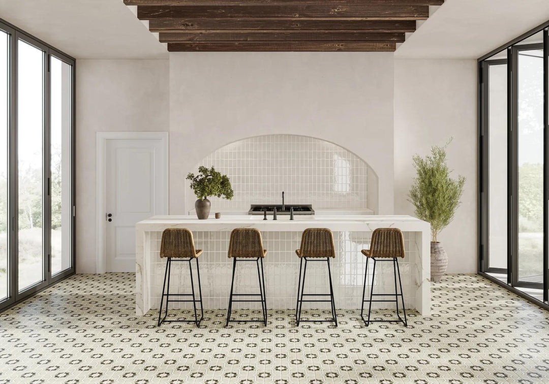 A warm and inviting touch is achieved with Marin Sand Dollar, a 2.5x5 glossy glazed ceramic tile that brings soft, sandy hues to any setting.