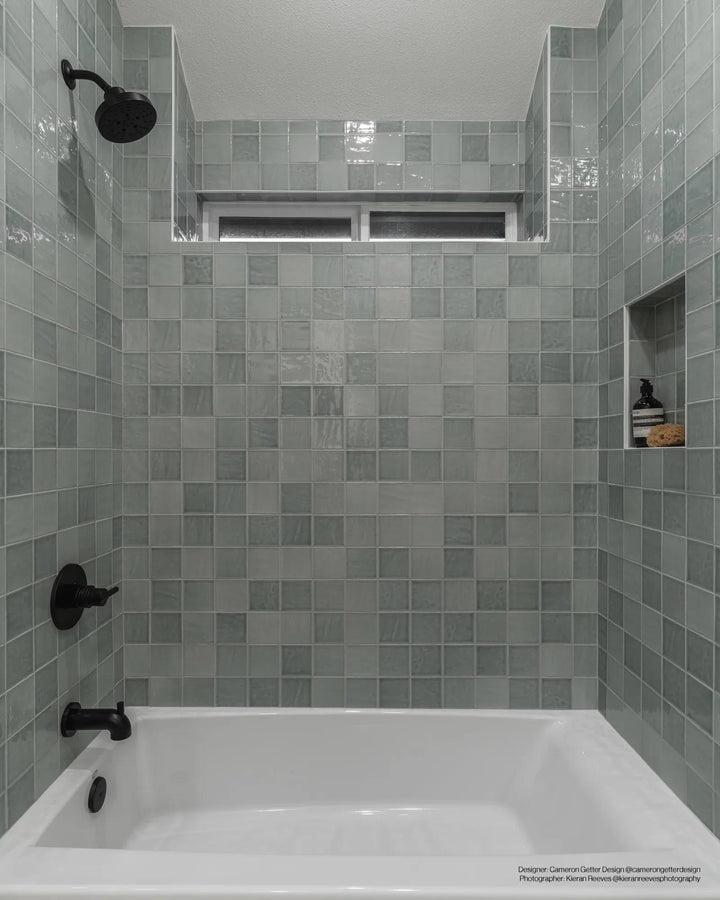 A rich aloe green glossy ceramic tile, Marin Aloe Green 4x4 adds a vibrant and refreshing touch with a polished finish.