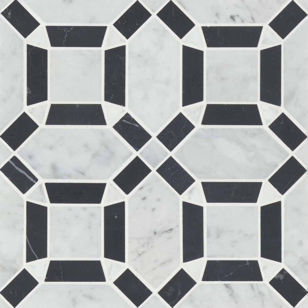 A top-down view of the Matisse Carrara & Nero Marquina Honed Mosaic 1 showcases a bold interplay of soft white Carrara marble and striking black Nero Marquina, offering a contemporary yet timeless look.
