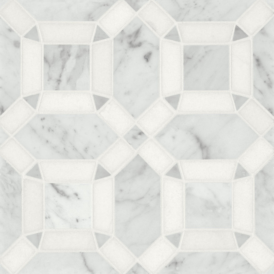 An aerial perspective of the Matisse Carrara & Thassos Honed Mosaic 1 highlights the seamless contrast of milky Thassos and elegant Carrara marble, delivering a refined, classic design.
