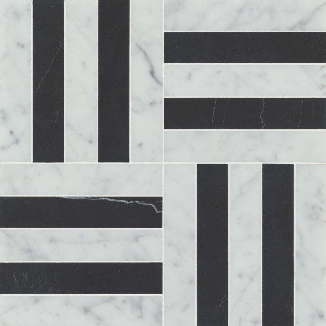 Flat-lay imagery of the Matisse Carrara & Nero Marquina Honed Mosaic 2 accentuates the dramatic pattern, blending the depth of Nero Marquina with Carrara’s luxurious veining for a sophisticated accent.