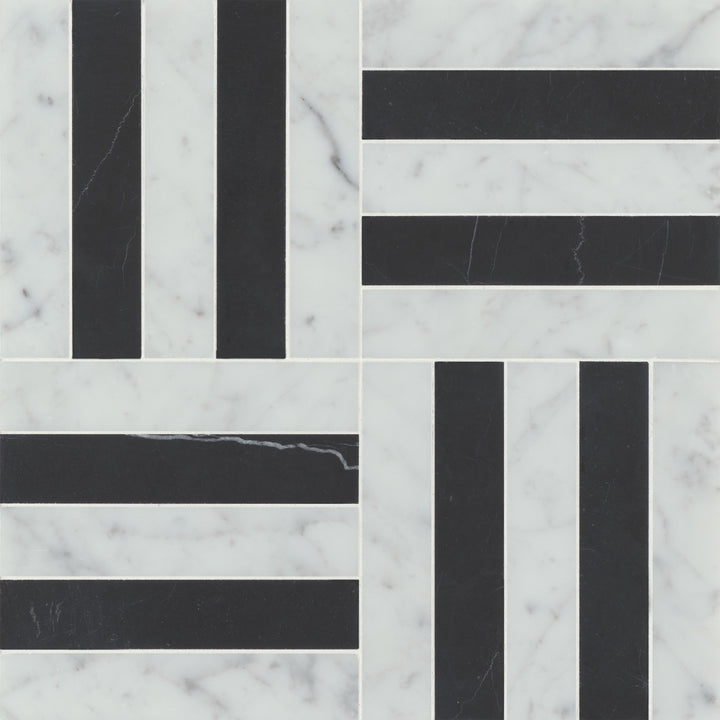 Flat-lay imagery of the Matisse Carrara & Nero Marquina Honed Mosaic 2 accentuates the dramatic pattern, blending the depth of Nero Marquina with Carrara’s luxurious veining for a sophisticated accent.