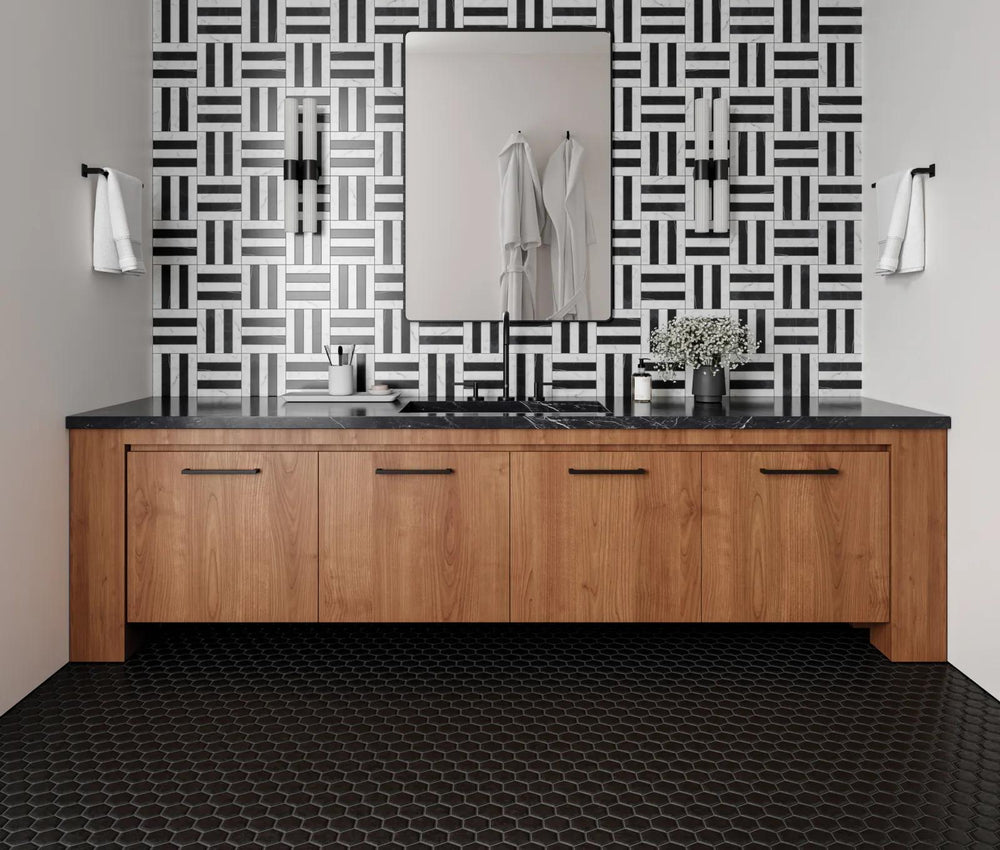 A striking fusion of classic and modern, the Matisse Carrara & Nero Marquina honed mosaic delivers timeless elegance with bold contrast.