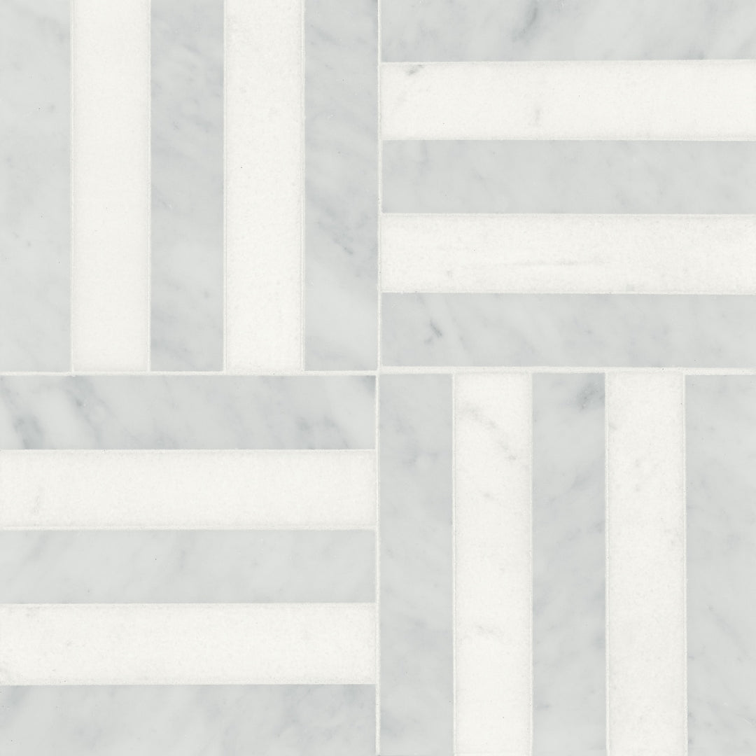 A direct overhead shot of the Matisse Carrara & Thassos Honed Mosaic 2 displays its delicate blend of crisp Thassos marble and soft Carrara tones, creating a bright and airy aesthetic.