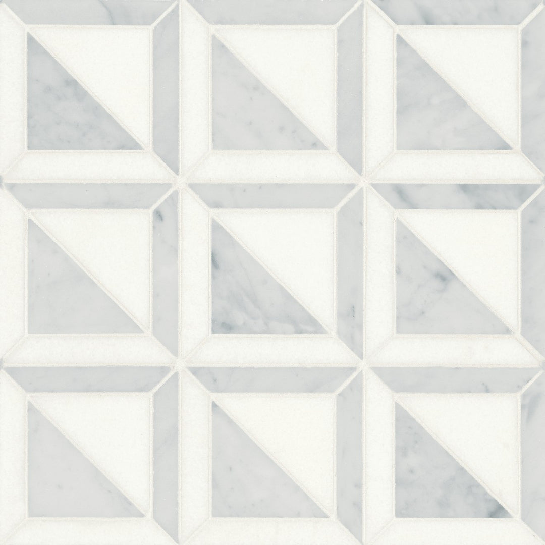 A seamless top-down visualization of the Matisse Carrara & Thassos Honed Mosaic 3 highlights its elegant patterning, featuring Thassos marble’s pristine white and Carrara’s subtle veining.