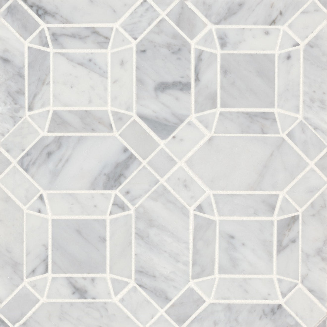 An overhead display of Monet White Carrara Honed Marble Mosaic 1 reveals soft gray veining against a pristine white background, exuding classic sophistication.